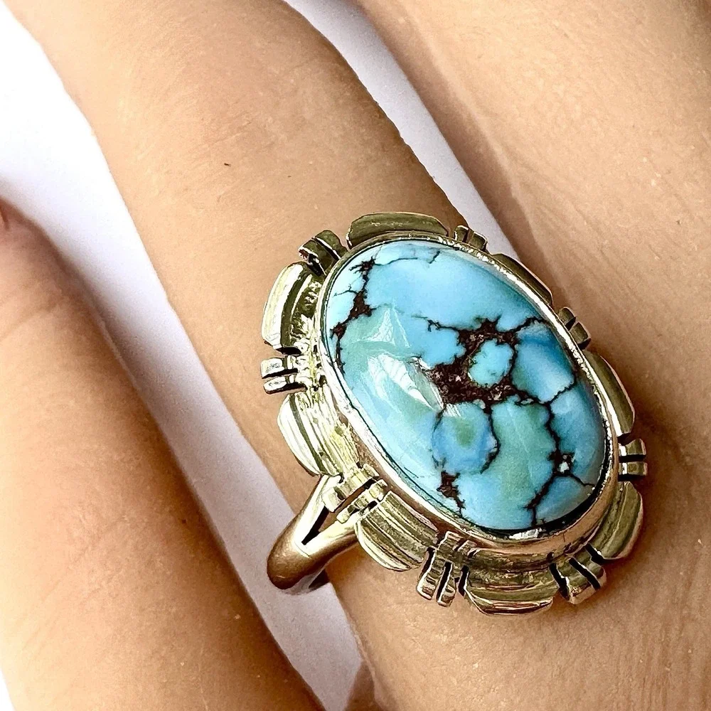 Navajo Blue Golden Hills Turquoise Ring Sz 9 Sterling Norvin‎ Johnson Shine